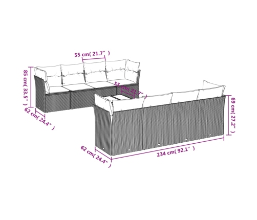 Set de sofás de jardín 9 pzas con cojines ratán sintético beige