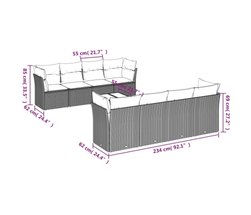Set de muebles de jardín 9 pzas y cojines ratán sintético gris