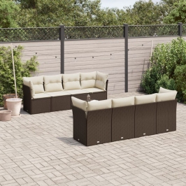 Set de sofás de jardín 9 pzas y cojines ratán sintético marrón