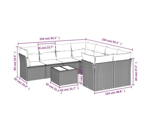Set muebles jardín 9 pzas y cojines ratán sintético gris claro