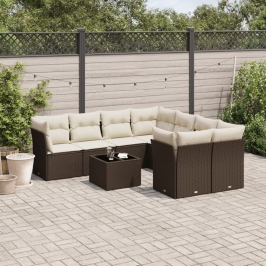 Set de sofás de jardín 9 pzas y cojines ratán sintético marrón