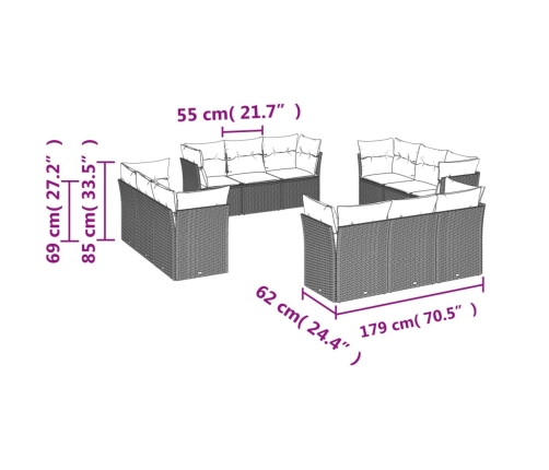 Set de sofás de jardín 12 pzas y cojines ratán sintético marrón