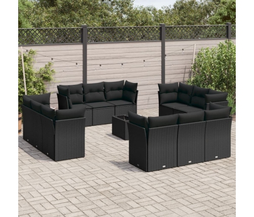 Set de sofás de jardín y cojines 13 pzas ratán sintético negro
