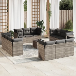 Set sofás de jardín con cojines 13 piezas ratán sintético gris