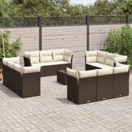 Set de sofás de jardín con cojines 13 piezas ratán PE marrón