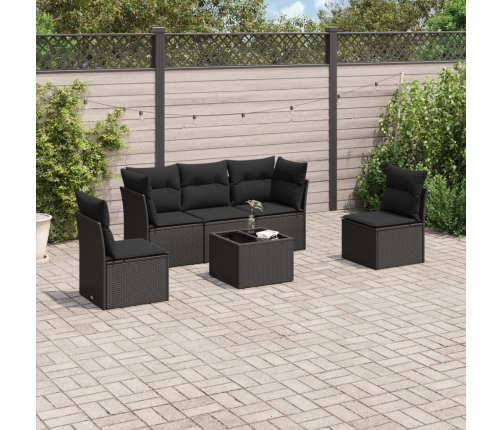 Set de sofás de jardín 6 piezas y cojines ratán sintético negro