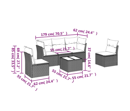 Set de muebles de jardín 6 pzas y cojines ratán sintético gris