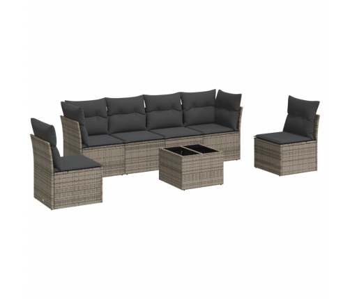 Set de sofás de jardín 7 piezas con cojines ratán PE gris
