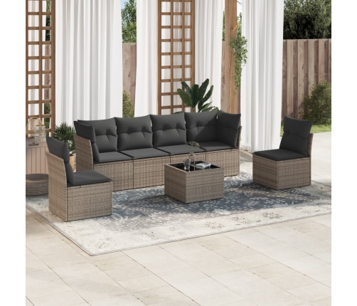 Set de sofás de jardín 7 piezas con cojines ratán PE gris