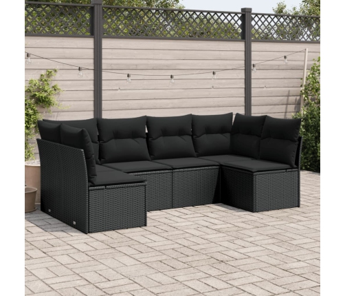 Set de sofás de jardín 6 piezas y cojines ratán sintético negro