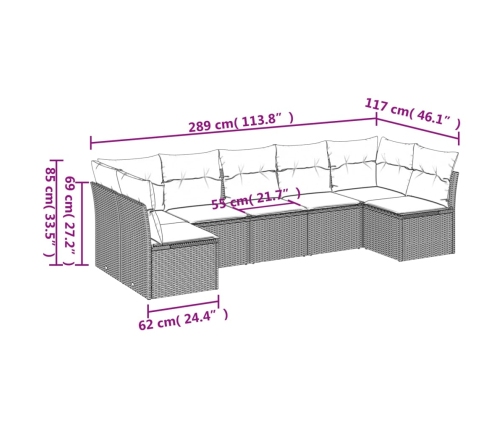 Set de comedor de jardín 7 pzas y cojines ratán sintético negro