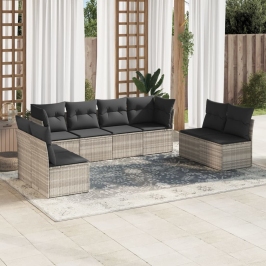 Set de sofás de jardín 8 pzas y cojines ratán sintético gris