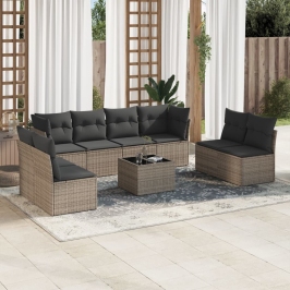 Set de muebles de jardín 9 pzas y cojines ratán sintético gris