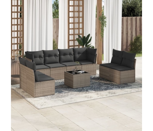 Set de muebles de jardín 9 pzas y cojines ratán sintético gris
