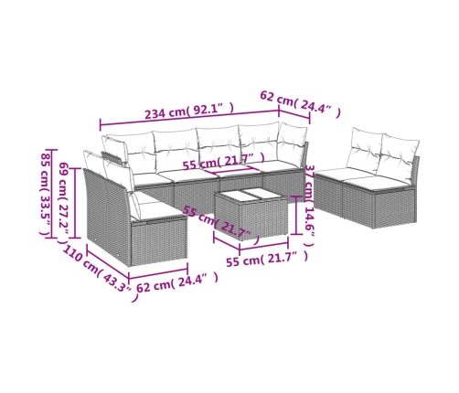 Set muebles jardín 9 pzas y cojines ratán sintético gris claro