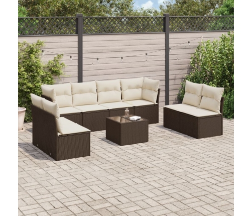 Set de sofás de jardín 9 pzas y cojines ratán sintético marrón