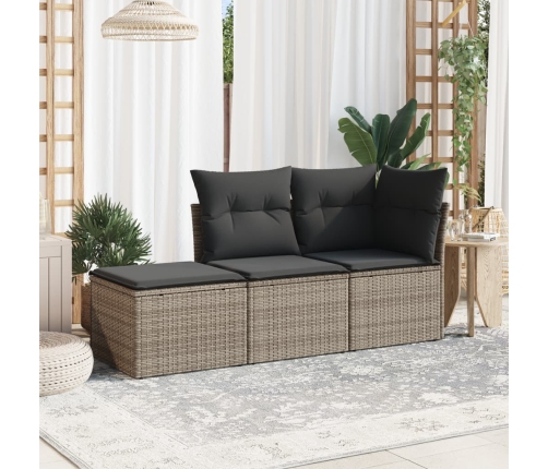 Set de sofá de jardín 3 pzas y cojines ratán sintético gris