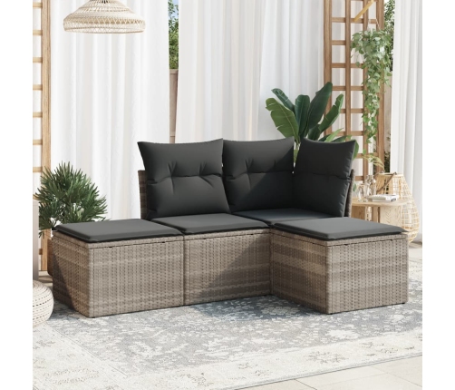 Set de sofás de jardín 4 pzas y cojines ratán sintético gris