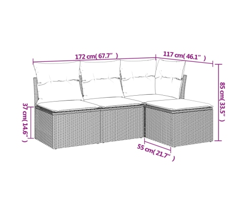 Set de sofás de jardín 4 pzas y cojines ratán sintético gris