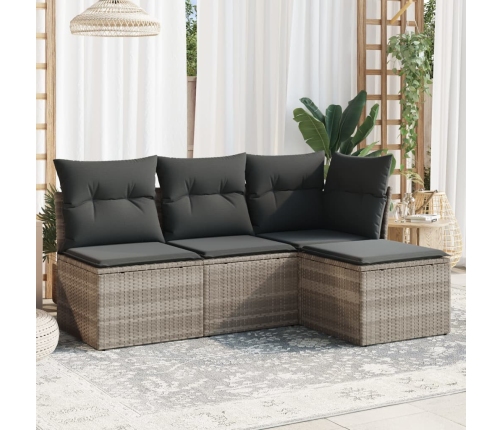 Set de sofás de jardín 4 pzas y cojines ratán sintético gris