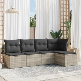 Set de sofás jardín y cojines 5 pzas ratán sintético gris claro