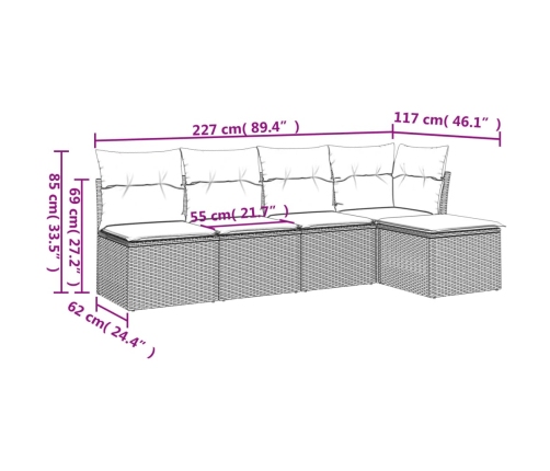 Set comedor de jardín 5 piezas y cojines ratán sintético marrón