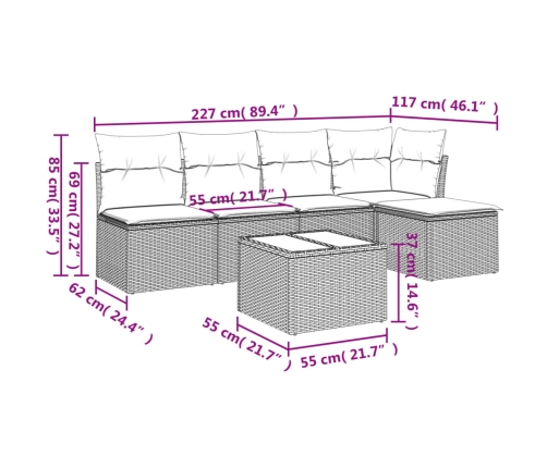 Set de muebles de jardín 6 pzas y cojines ratán sintético gris