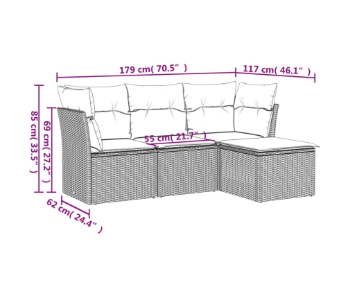 Set de sofás de jardín 4 pzas y cojines ratán sintético gris