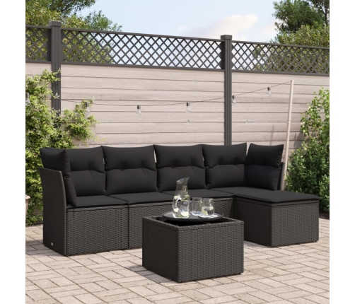 Set de sofás de jardín 6 piezas y cojines ratán sintético negro