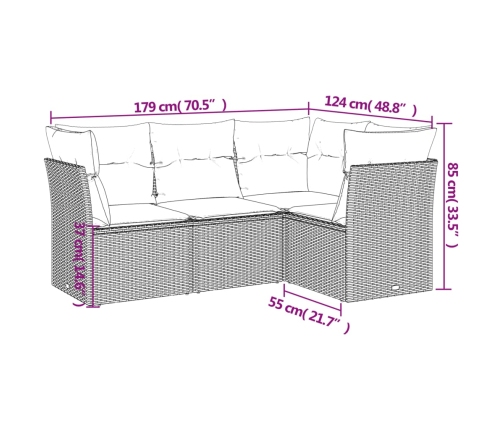 Set de sofás de jardín 4 pzas y cojines ratán sintético gris