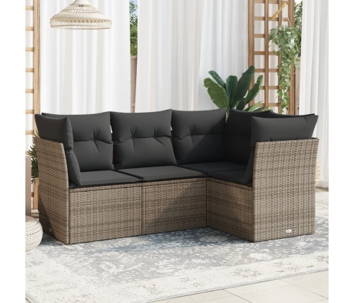 Set de sofás de jardín 4 pzas y cojines ratán sintético gris