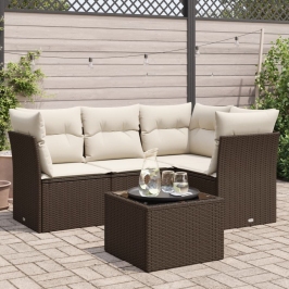 Set comedor de jardín 5 piezas y cojines ratán sintético marrón
