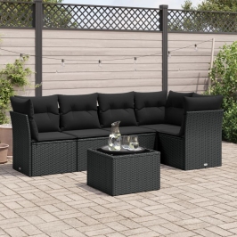 Set de sofás de jardín 6 piezas y cojines ratán sintético negro