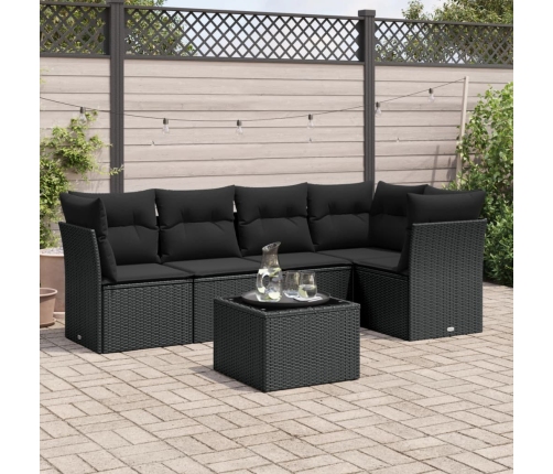 Set de sofás de jardín 6 piezas y cojines ratán sintético negro