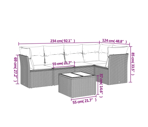 Set de sofás de jardín 6 pzas y cojines ratán sintético gris