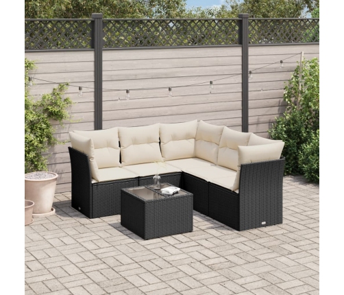 Set de sofás de jardín 6 piezas y cojines ratán sintético negro