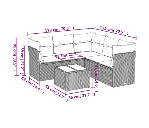 Set de sofás de jardín 6 pzas y cojines ratán sintético gris