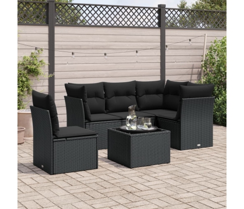Set de sofás de jardín 6 piezas y cojines ratán sintético negro