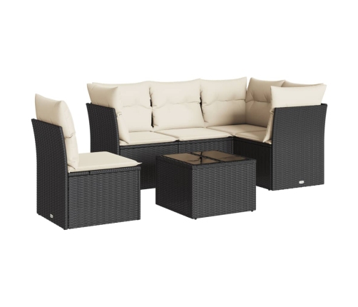 Set de sofás de jardín 6 piezas y cojines ratán sintético negro