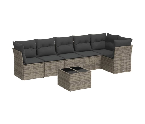 Set de sofás de jardín 7 piezas con cojines ratán PE gris