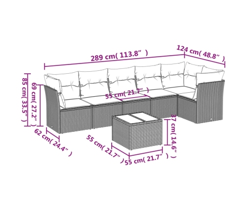 Set de sofás de jardín 7 piezas con cojines ratán PE gris