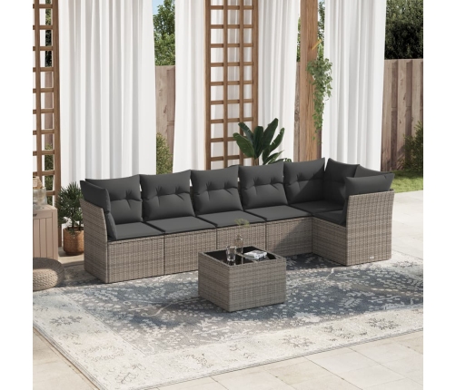 Set de sofás de jardín 7 piezas con cojines ratán PE gris