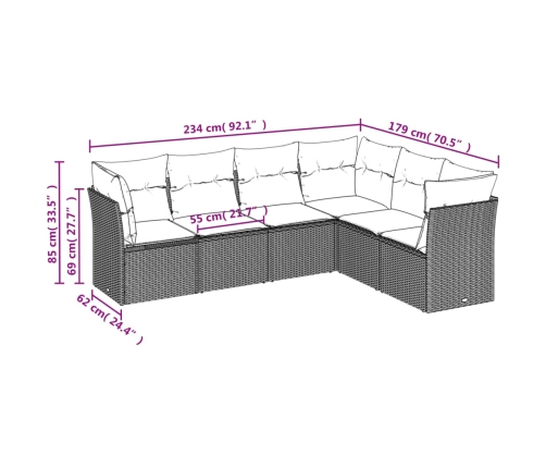 Set de sofás de jardín 6 pzas y cojines ratán sintético gris