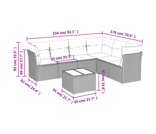 Set de sofás de jardín 7 piezas con cojines ratán PE gris