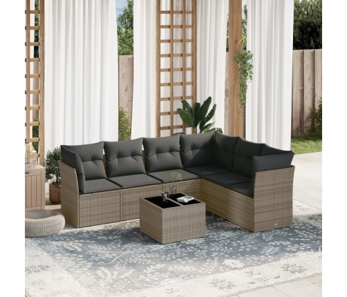 Set de sofás de jardín 7 piezas con cojines ratán PE gris