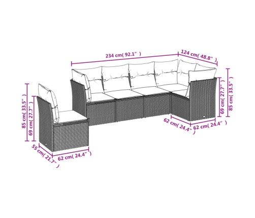 Set de sofás de jardín 6 pzas y cojines ratán sintético gris