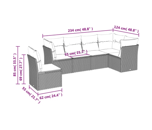 Set sofás de jardín 6 piezas y cojines ratán sintético marrón