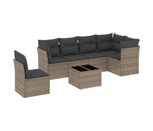 Set de sofás de jardín 7 piezas con cojines ratán PE gris