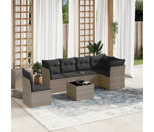 Set de sofás de jardín 7 piezas con cojines ratán PE gris