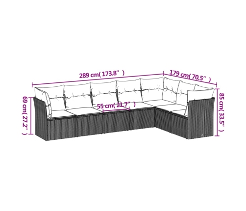 Set de comedor de jardín 7 pzas y cojines ratán sintético negro